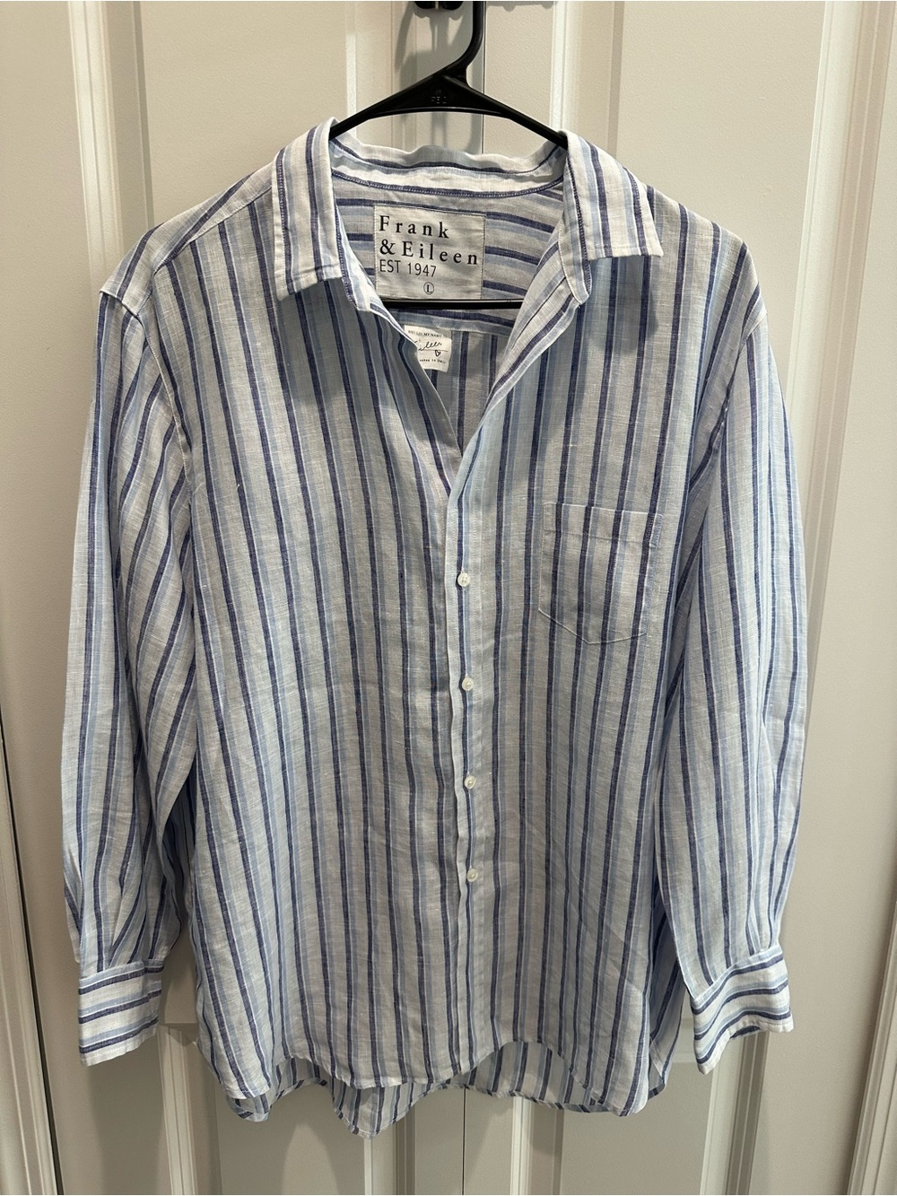 Frank & Eileen Light Blue and White Striped Linen Button-Down Shirt 100% Linen L